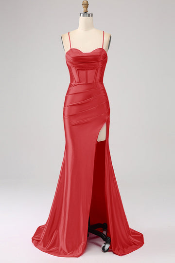 Splendida sirena rossa Spalline sottili Corsetto Abito da ballo con spacco anteriore